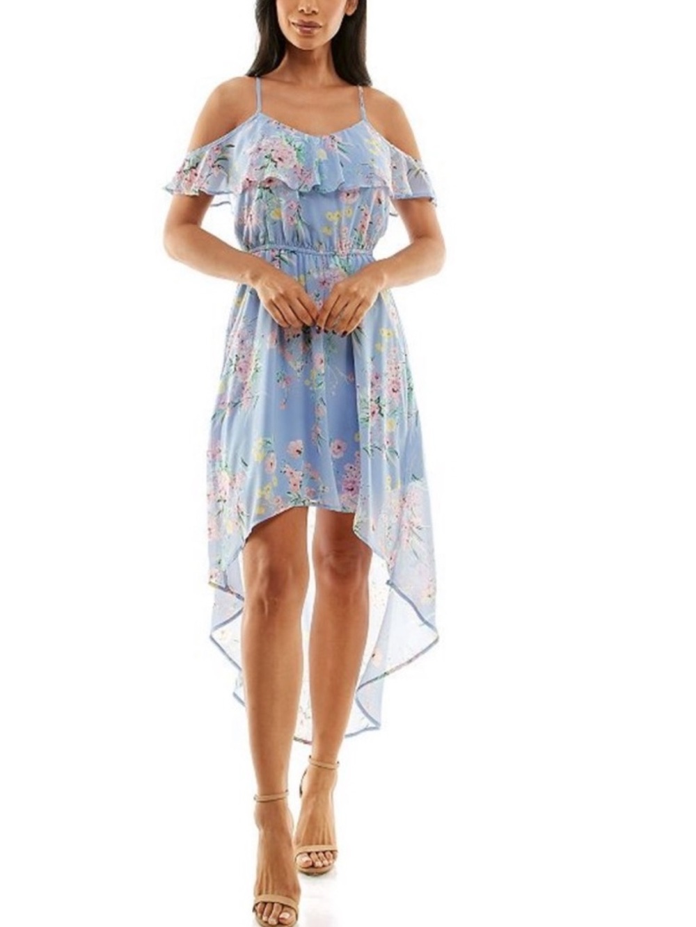 As U Wish High-Low Dress XL Blue Cold Shoulder Ruffle Floral Pink Yellow Green